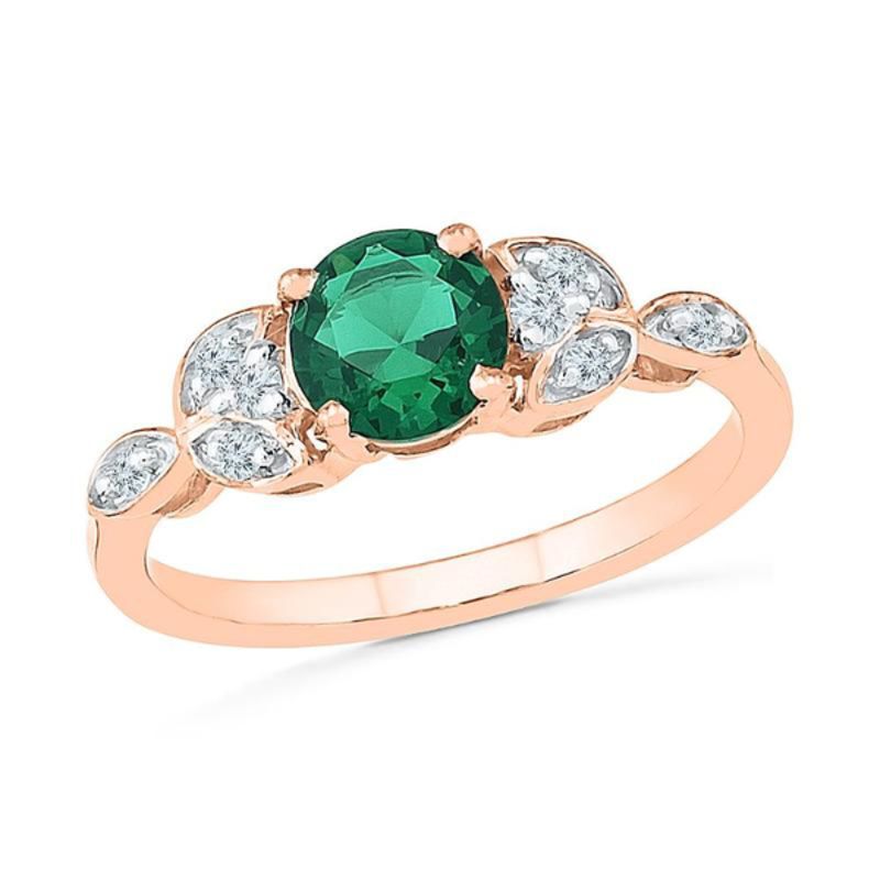 6.0mm Lab-Created Emerald and White Sapphire Leaf Ring in 10K Rose Gold|Peoples Jewellers