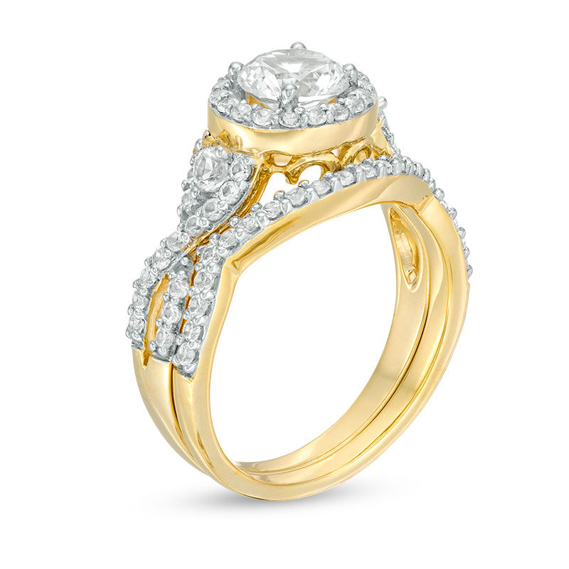 6.0mm Lab-Created White Sapphire Frame Twist Shank Bridal Set in Sterling Silver with 14K Gold Plate|Peoples Jewellers
