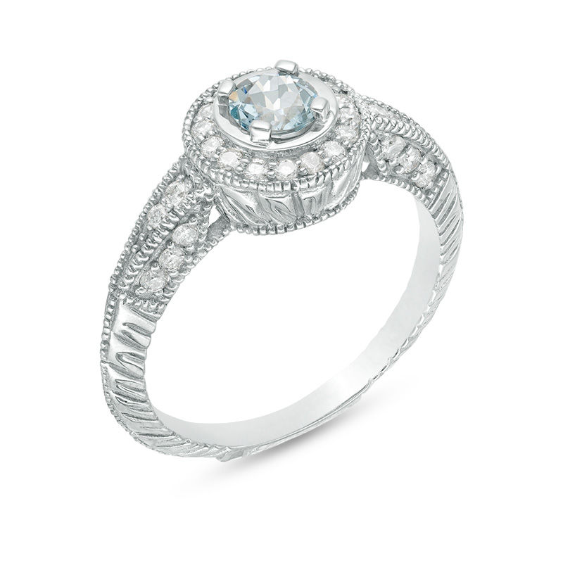 4.5mm Aquamarine and 0.29 CT. T.W. Diamond Frame Vintage-Style Ring in 10K White Gold|Peoples Jewellers