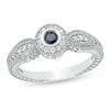 Thumbnail Image 0 of 3.0mm Blue Sapphire and 0.14 CT. T.W. Diamond Frame Leaf Accent Vintage-Style Ring in 10K White Gold