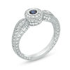 Thumbnail Image 1 of 3.0mm Blue Sapphire and 0.14 CT. T.W. Diamond Frame Leaf Accent Vintage-Style Ring in 10K White Gold