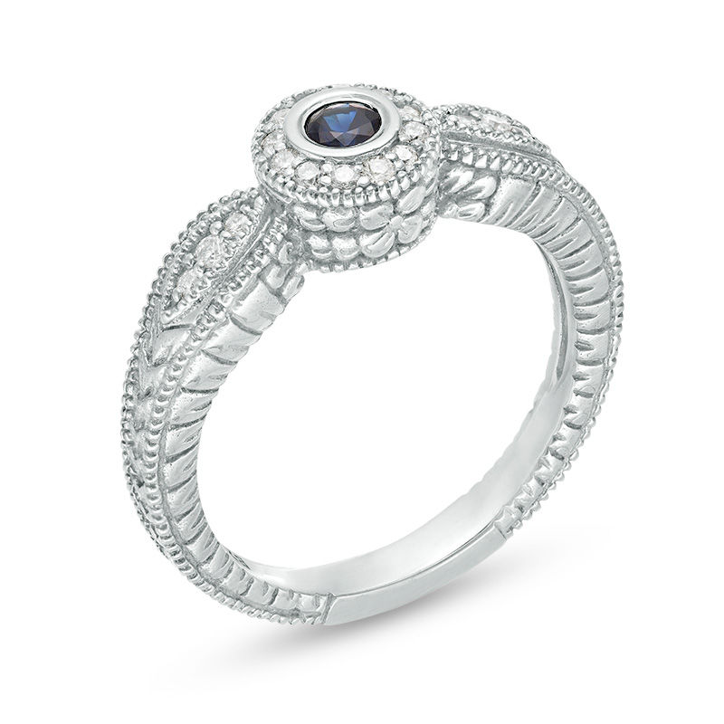 3.0mm Blue Sapphire and 0.14 CT. T.W. Diamond Frame Leaf Accent Vintage-Style Ring in 10K White Gold|Peoples Jewellers