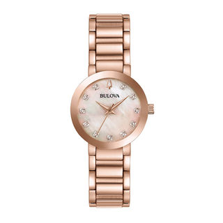 Ladies' Bulova Modern Diamond Accent Rose-Tone IP Watch with Mother-of-Pearl Dial (Model: 97P132)