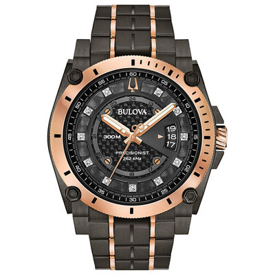 Men's Bulova Precisionist 0.04 CT. T.W. Diamond Two-Tone IP Watch with Black Dial (Model: 98D149)