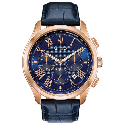 Men's Bulova Classic Chronograph Rose-Tone Strap Watch with Blue Dial (Model: 97B170)