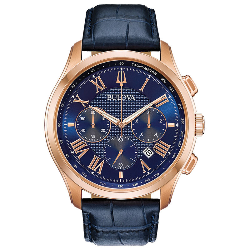 Men's Bulova Classic Chronograph Rose-Tone Strap Watch with Blue Dial (Model: 97B170)|Peoples Jewellers