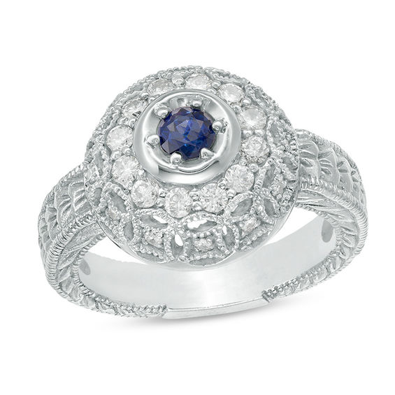 3.5mm Blue Sapphire and 0.38 CT. T.W. Diamond Ornate Lattice Frame Vintage-Style Ring in 10K White Gold