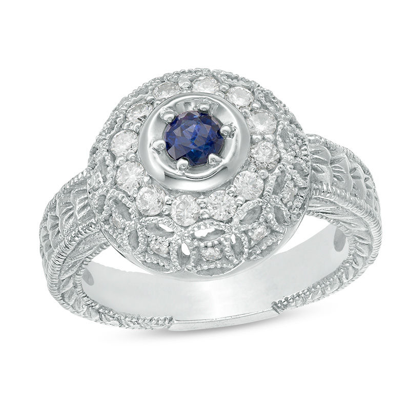 3.5mm Blue Sapphire and 0.38 CT. T.W. Diamond Ornate Lattice Frame Vintage-Style Ring in 10K White Gold|Peoples Jewellers