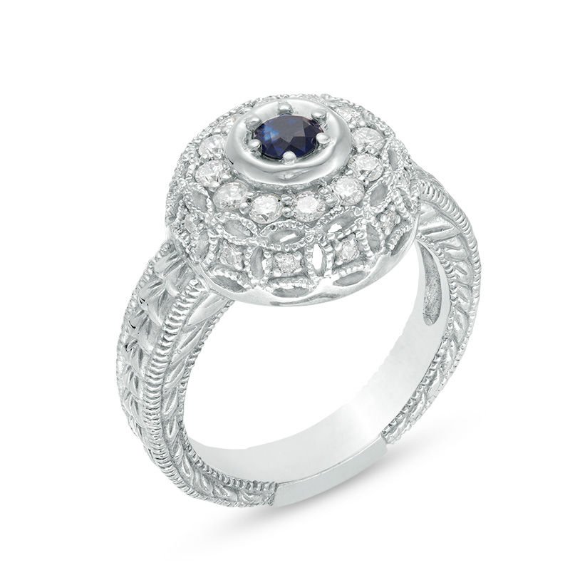 3.5mm Blue Sapphire and 0.38 CT. T.W. Diamond Ornate Lattice Frame Vintage-Style Ring in 10K White Gold|Peoples Jewellers