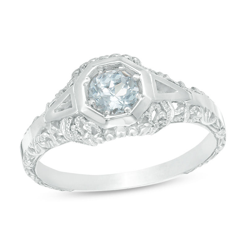 4.5mm Aquamarine Geometric Frame Vintage-Style Ring in 10K White Gold|Peoples Jewellers