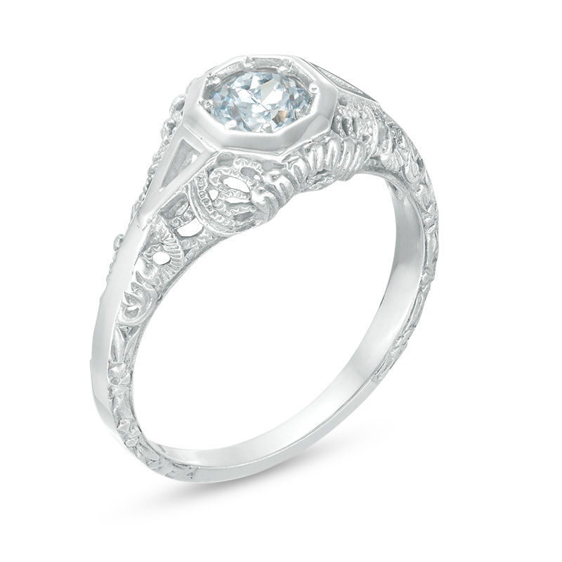 4.5mm Aquamarine Geometric Frame Vintage-Style Ring in 10K White Gold|Peoples Jewellers
