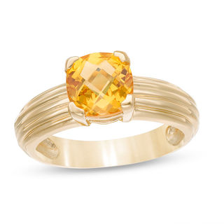 7.0mm Cushion-Shaped Citrine Solitaire Ribbed Shank Ring in 10K Gold