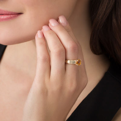 7.0mm Cushion-Shaped Citrine Solitaire Ribbed Shank Ring in 10K Gold