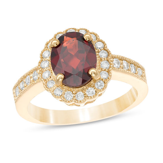 Oval Garnet and 0.34 CT. T.W. Diamond Scallop Frame Vintage-Style Ring ...