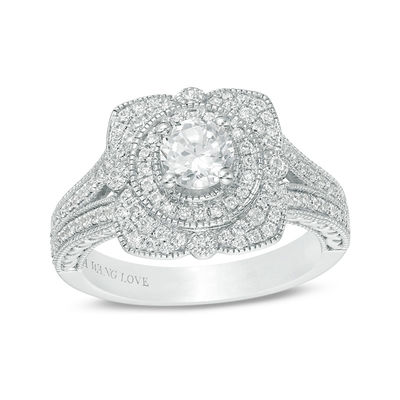 Vera Wang Love Heirloom Collection 0.95 CT. T.W. Diamond Flower Petal Frame Engagement Ring in 14K White Gold