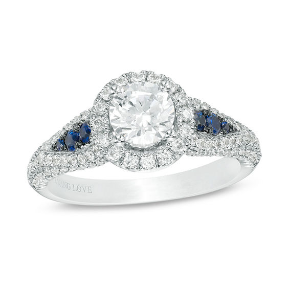 Vera Wang Love Collection 1.23 CT. T.W. Diamond and Blue Sapphire Frame Petal-Sides Engagement Ring in 14K White Gold