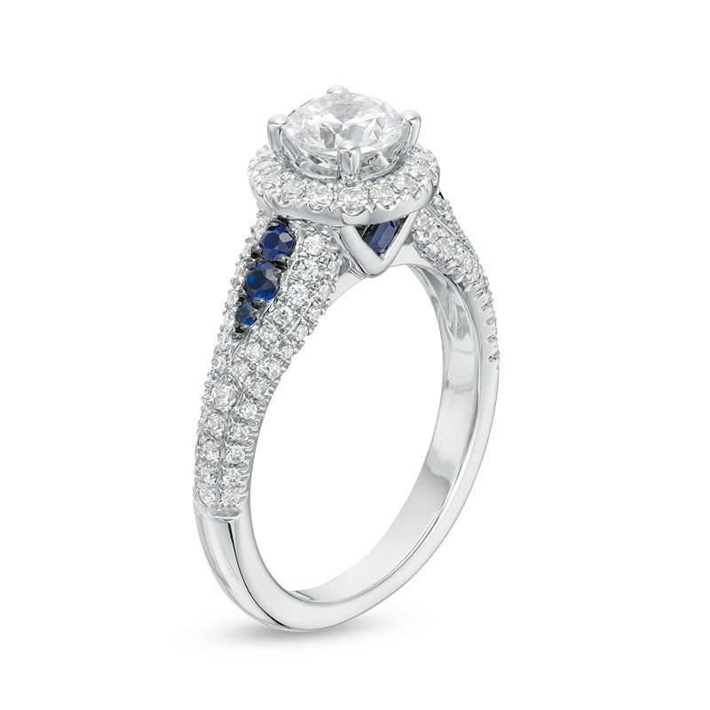 Vera Wang Love Collection 1.23 CT. T.W. Diamond and Blue Sapphire Frame Petal-Sides Engagement Ring in 14K White Gold|Peoples Jewellers