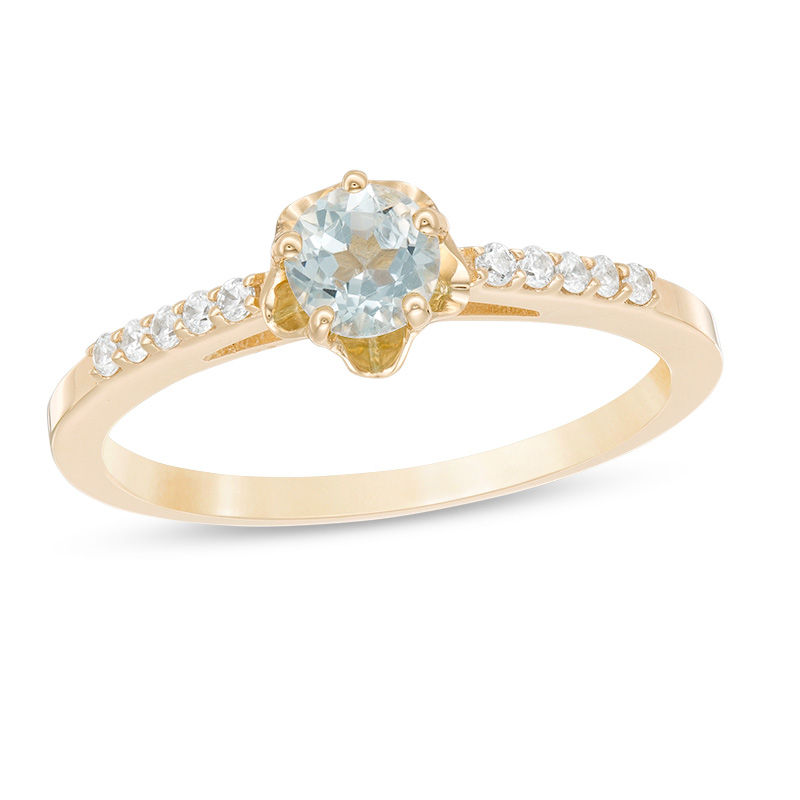 4.5mm Aquamarine and 0.08 CT. T.W. Diamond Flower Ring in 10K Gold|Peoples Jewellers