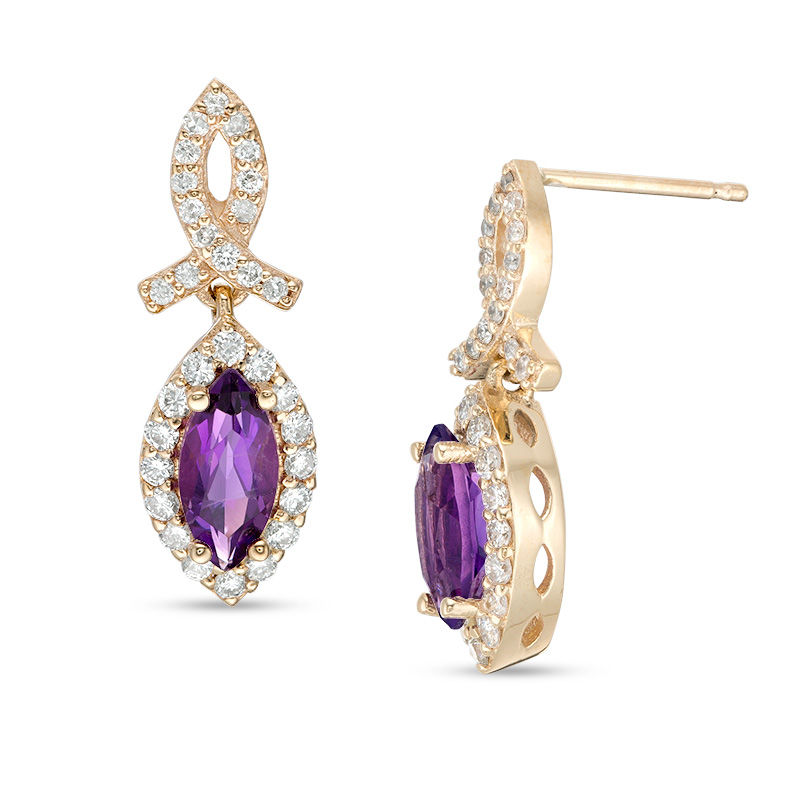 Marquise Amethyst and 0.47 CT. T.W. Diamond Frame Awareness Ribbon Drop Earrings in 10K Gold|Peoples Jewellers