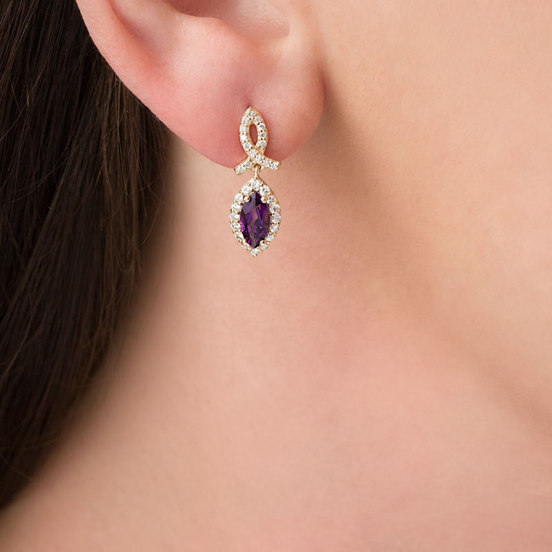 Marquise Amethyst and 0.47 CT. T.W. Diamond Frame Awareness Ribbon Drop Earrings in 10K Gold|Peoples Jewellers