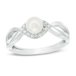 5.0mm Freshwater Cultured Pearl and 0.118 CT. T.W. Diamond Frame Twist Shank Ring in Sterling Silver