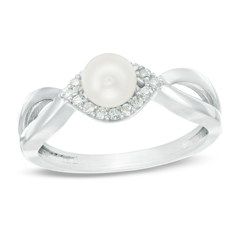 5.0mm Freshwater Cultured Pearl and 0.118 CT. T.W. Diamond Frame Twist Shank Ring in Sterling Silver|Peoples Jewellers