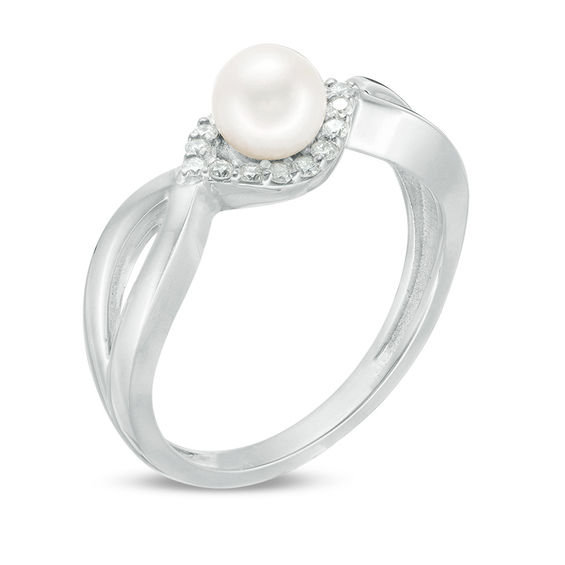 5.0mm Freshwater Cultured Pearl and 0.118 CT. T.W. Diamond Frame Twist Shank Ring in Sterling Silver