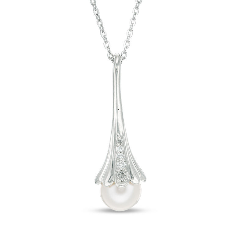 7.0mm Freshwater Cultured Pearl and Diamond Accent Flower Drop Pendant in Sterling Silver