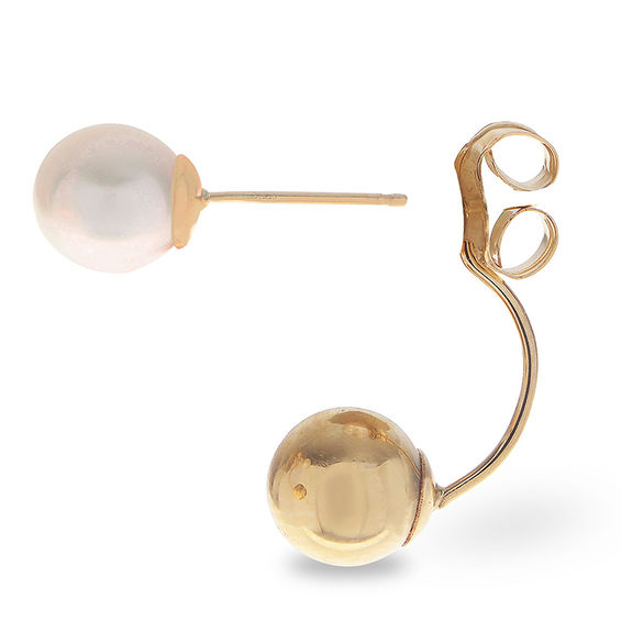 5.0-5.5mm Freshwater Cultured Pearl and Ball Front/Back Earrings in 14K Gold