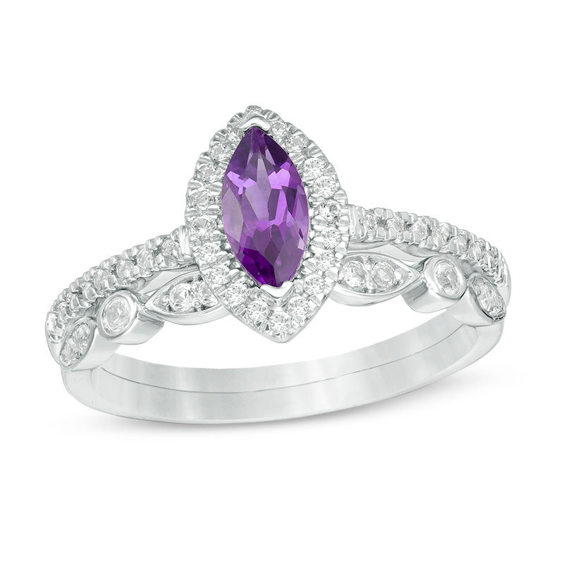 Marquise Amethyst and Lab-Created White Sapphire Frame Vintage-Style Bridal Set in 10K White Gold|Peoples Jewellers