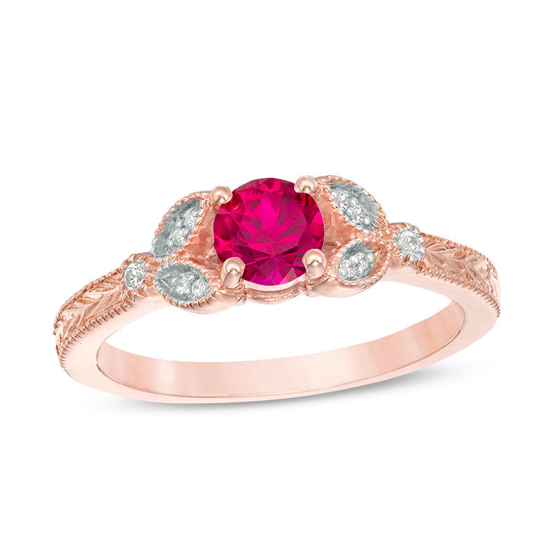 5.0mm Lab-Created Ruby and Diamond Accent Leaf Vintage-Style Ring in 10K Rose Gold|Peoples Jewellers