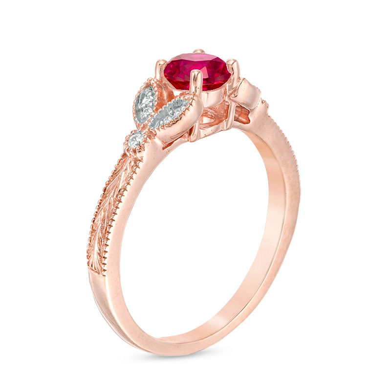 5.0mm Lab-Created Ruby and Diamond Accent Leaf Vintage-Style Ring in 10K Rose Gold