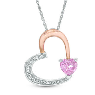 5.5mm Lab-Created Pink Sapphire and Diamond Accent Beaded Tilted Heart Pendant in Sterling Silver and 10K Rose Gold