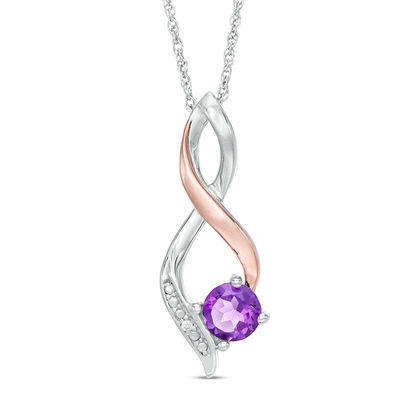 5.0mm Amethyst and Diamond Accent Beaded Infinity Flame Pendant in Sterling Silver and 10K Rose Gold