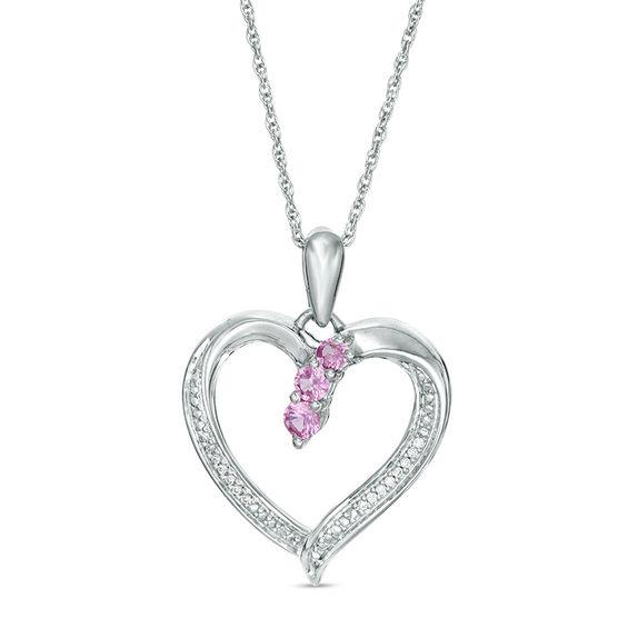 Graduated Lab-Created Pink Sapphire and Diamond Accent Beaded Heart Outline Pendant in Sterling Silver