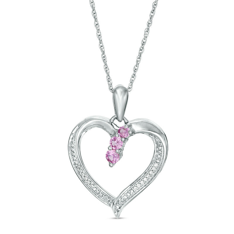 Graduated Lab-Created Pink Sapphire and Diamond Accent Beaded Heart Outline Pendant in Sterling Silver|Peoples Jewellers