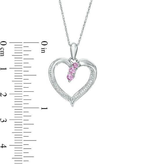 Graduated Lab-Created Pink Sapphire and Diamond Accent Beaded Heart Outline Pendant in Sterling Silver