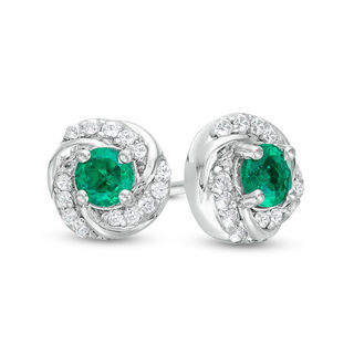 3.5mm Lab-Created Emerald and White Sapphire Swirl Frame Stud Earrings in 10K White Gold