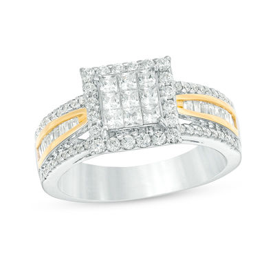 1.00 CT. T.W. Princess-Cut Composite Diamond Frame Multi-Row Engagement Ring in 14K Two-Tone Gold