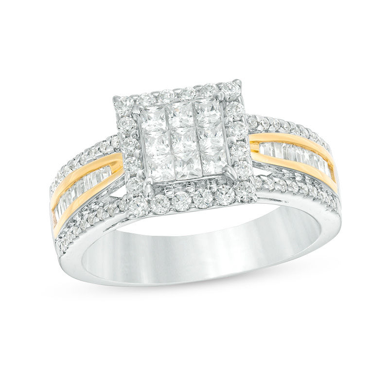 1.00 CT. T.W. Princess-Cut Composite Diamond Frame Multi-Row Engagement Ring in 14K Two-Tone Gold|Peoples Jewellers