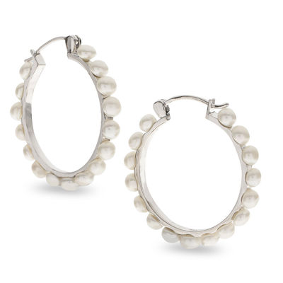 4.0-5.0mm Button Freshwater Cultured Pearl Hoop Earrings in Sterling Silver