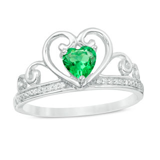 5.0mm Heart-Shaped Lab-Created Emerald and Diamond Accent Tiara Ring in 10K White Gold