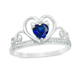 5.0mm Heart-Shaped Lab-Created Sapphire and Diamond Accent Tiara Ring in 10K White Gold