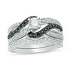 0.80 CT. T.W. Enhanced Black and White Diamond Bypass Bridal Set in Sterling Silver