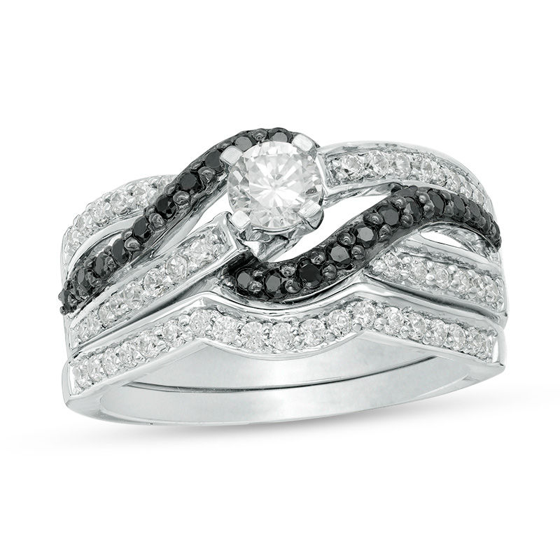 0.80 CT. T.W. Enhanced Black and White Diamond Bypass Bridal Set in Sterling Silver|Peoples Jewellers