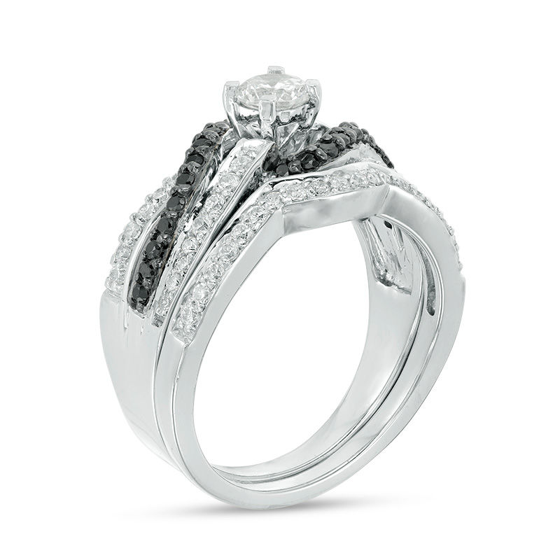 0.80 CT. T.W. Enhanced Black and White Diamond Bypass Bridal Set in Sterling Silver|Peoples Jewellers