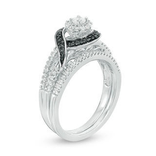 0.45 CT. T.W. Enhanced Black and White Diamond Frame Bypass Swirl Bridal Set in 10K White Gold