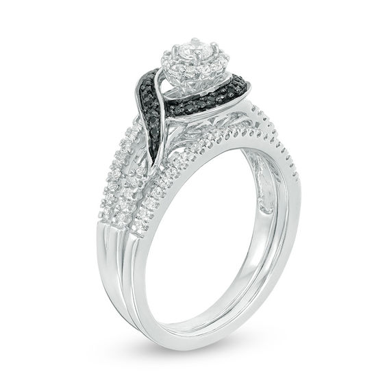 0.45 CT. T.W. Enhanced Black and White Diamond Frame Bypass Swirl Bridal Set in 10K White Gold