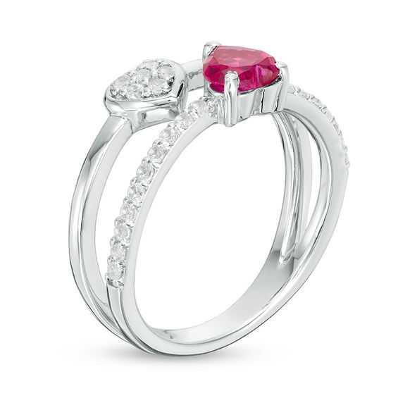 5.0mm Heart-Shaped Lab-Created Ruby and White Sapphire Split Shank Orbit Ring in Sterling Silver