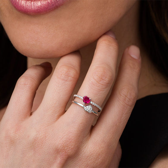 5.0mm Heart-Shaped Lab-Created Ruby and White Sapphire Split Shank Orbit Ring in Sterling Silver